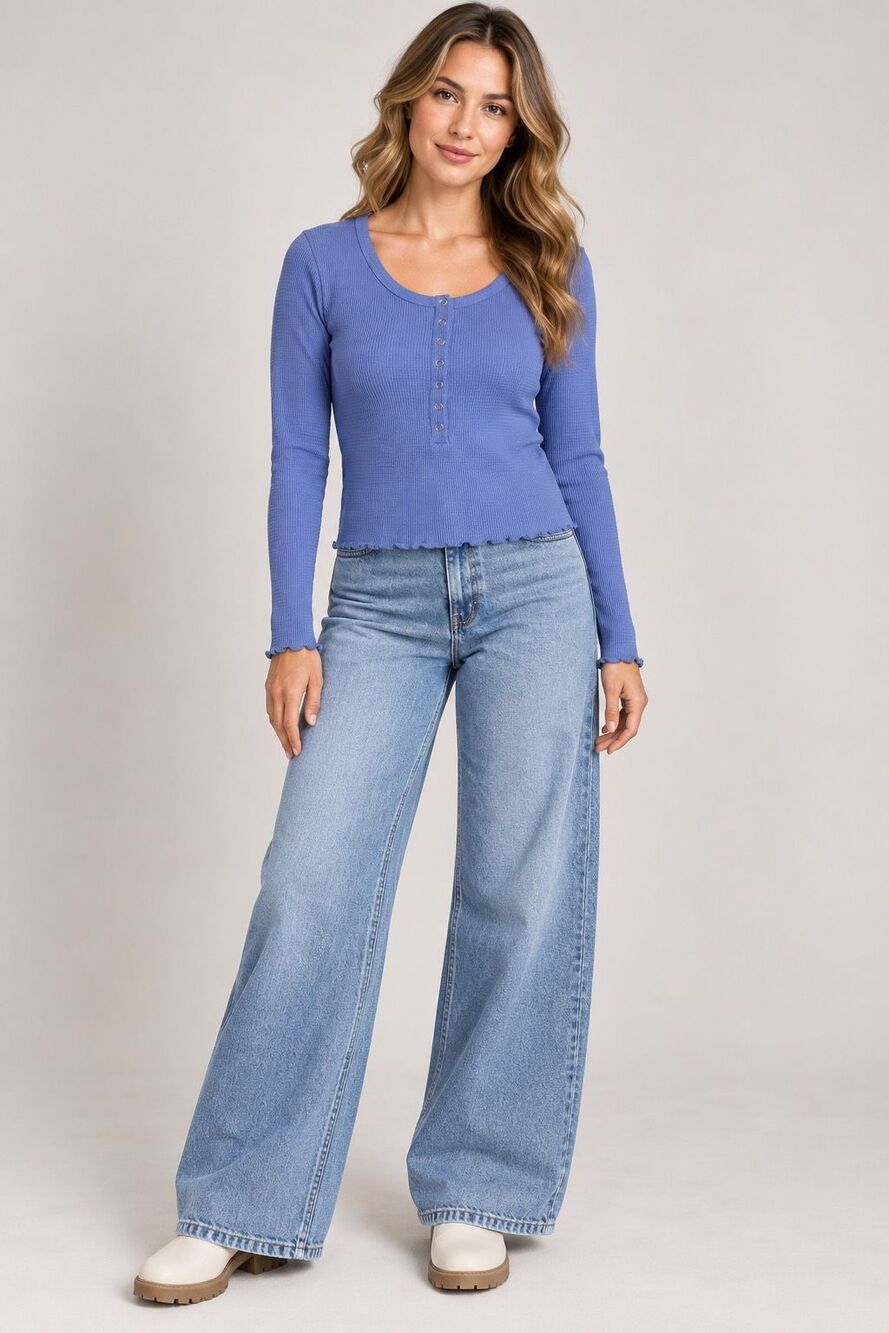 Forever 21 Blue Waffle Knit Henley Long Sleeve Cropped Top Size S Cotton Blend